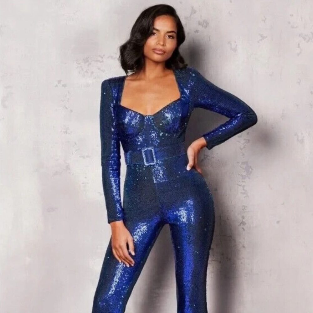 NADINE MERABI Shimmering Blue Sequin Jumpsuit with belt